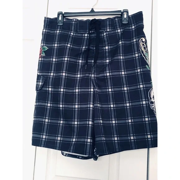 Joe Boxer Mens Plaid Blue Swim Trunks with Colorful Designs - Picture 1 of 7